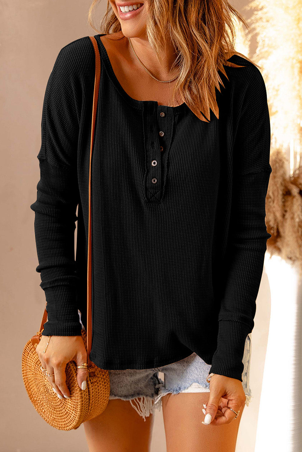 Buy black Double Take Full Size Half Button Drop Shoulder T-Shirt