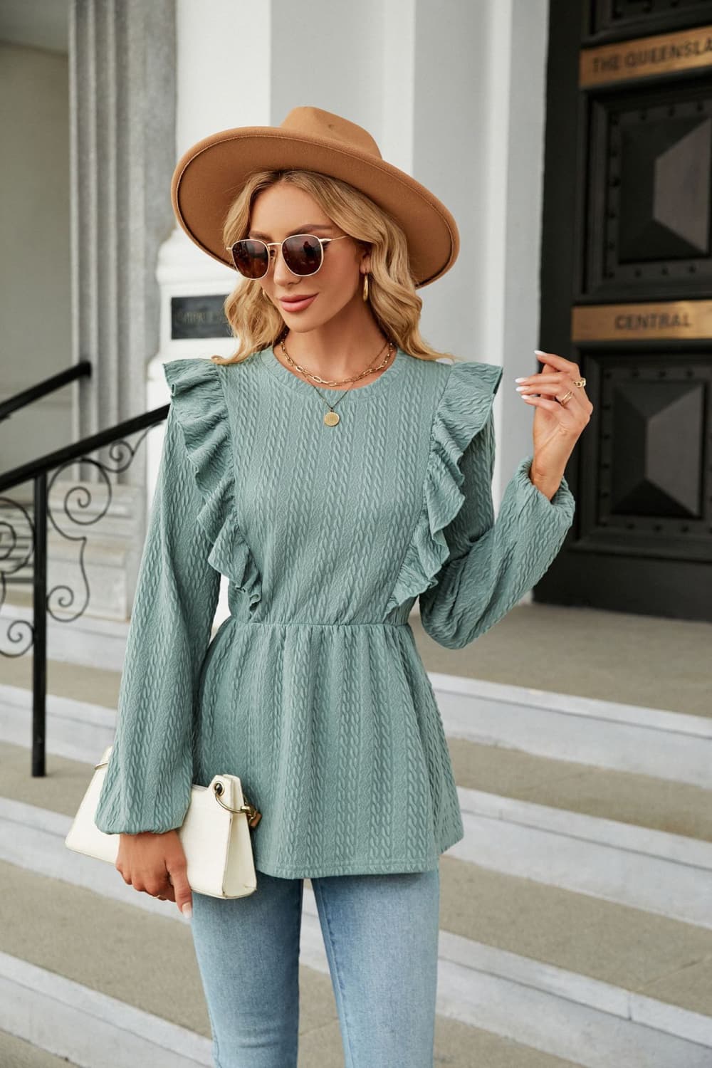 Buy sage Round Neck Ruffled Peplum Blouse