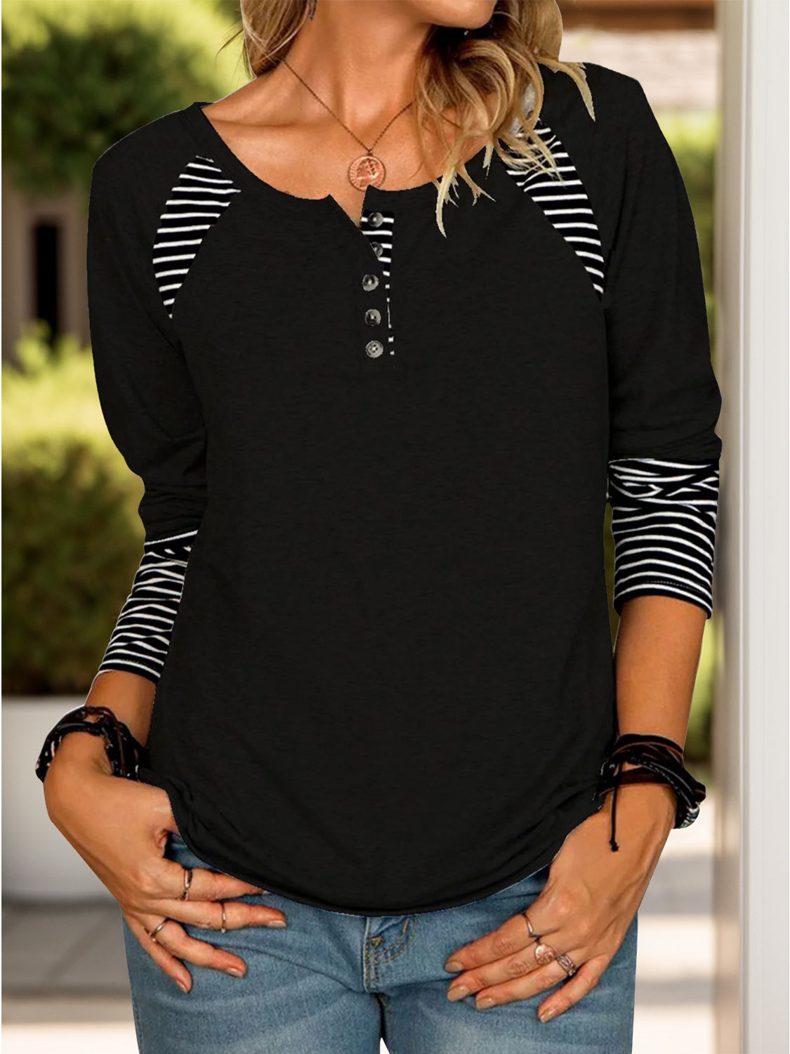 Buy black Full Size Striped Quarter Button Long Sleeve T-Shirt