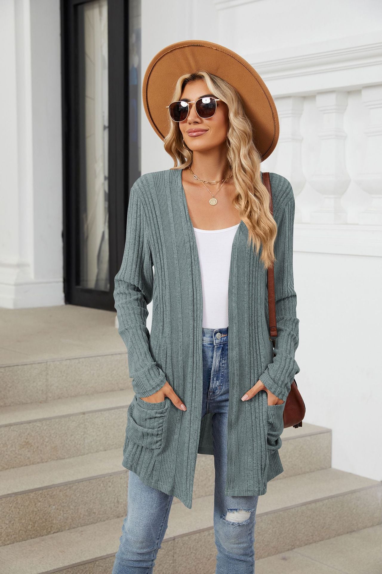 Buy air-force-blue Pocketed Open Front Long Sleeve Cardigan