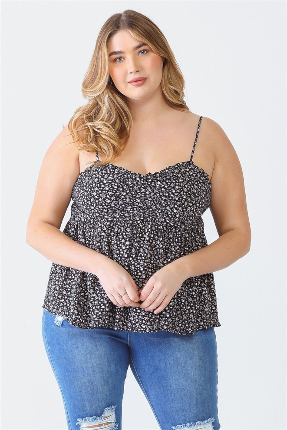 Buy black Zenobia Plus Size Frill Smocked Floral Sweetheart Neck Cami