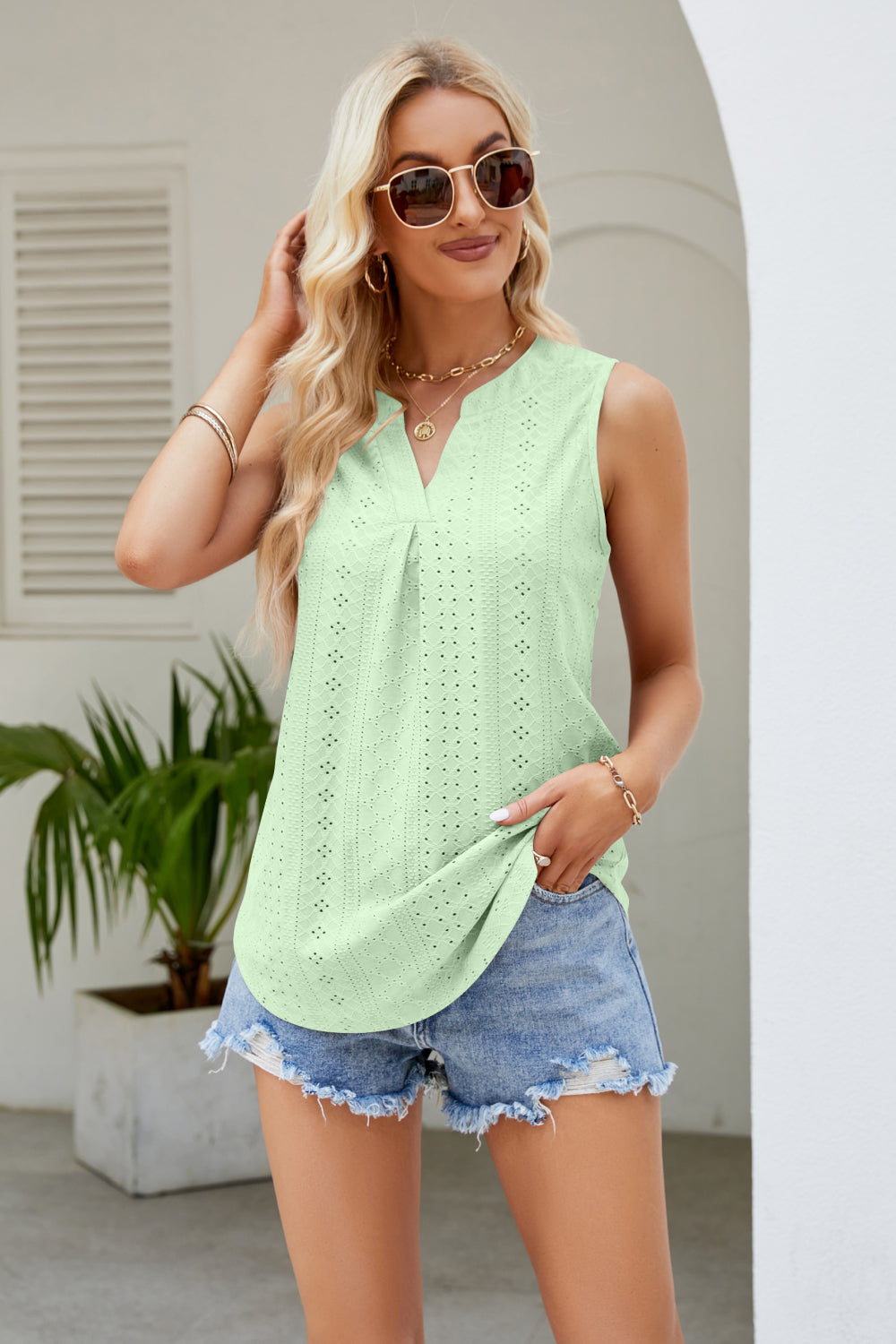 Buy neon-green Notched Neck Curved Hem Eyelet Tank