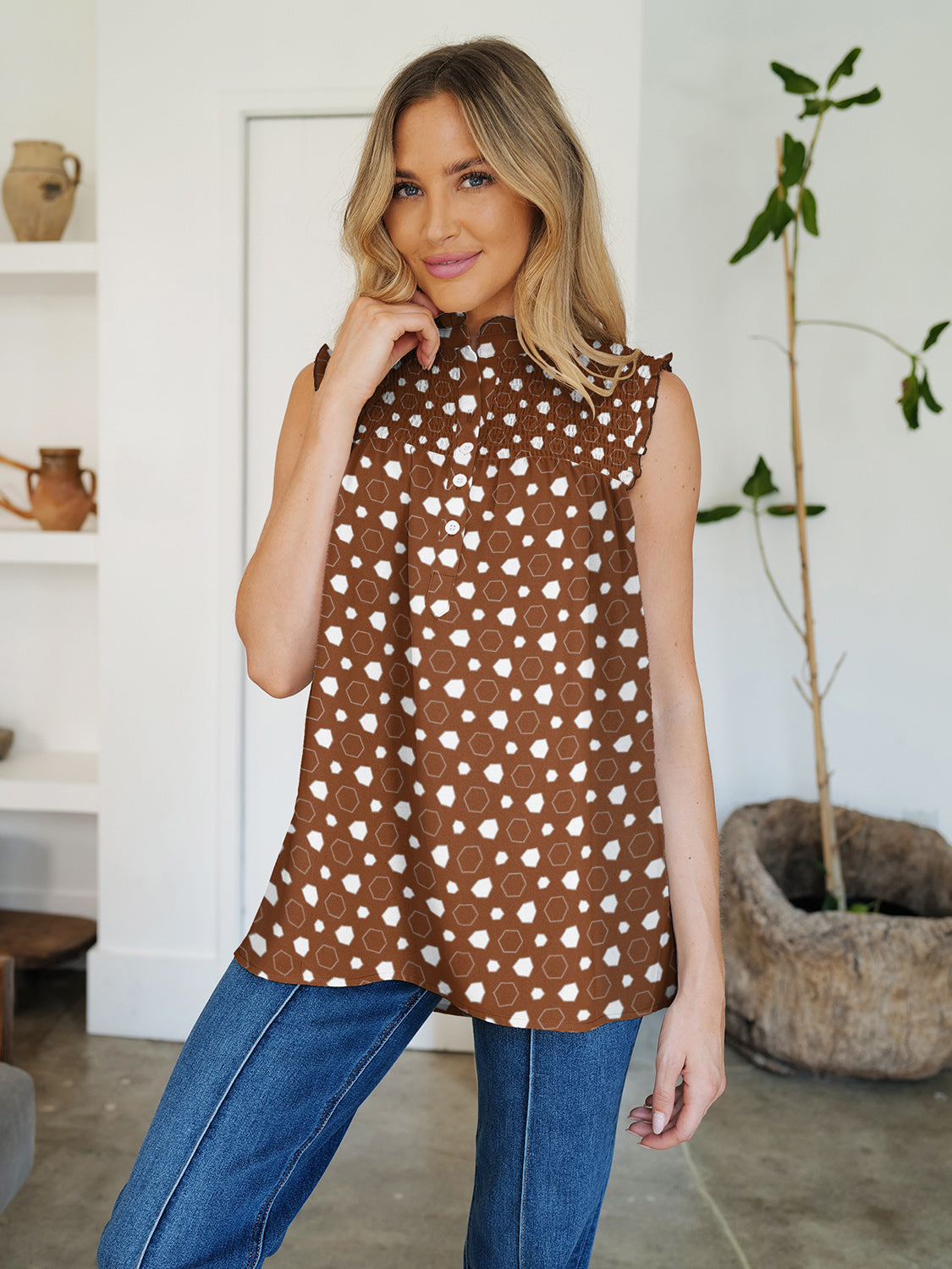 Buy caramel FAM-FAM Frill Printed Mock Neck Top