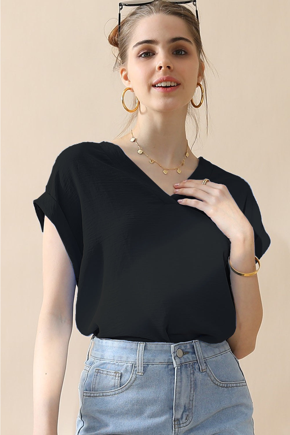 Buy black Ninexis V-Neck Trim Rolled Short Sleeve Shirt