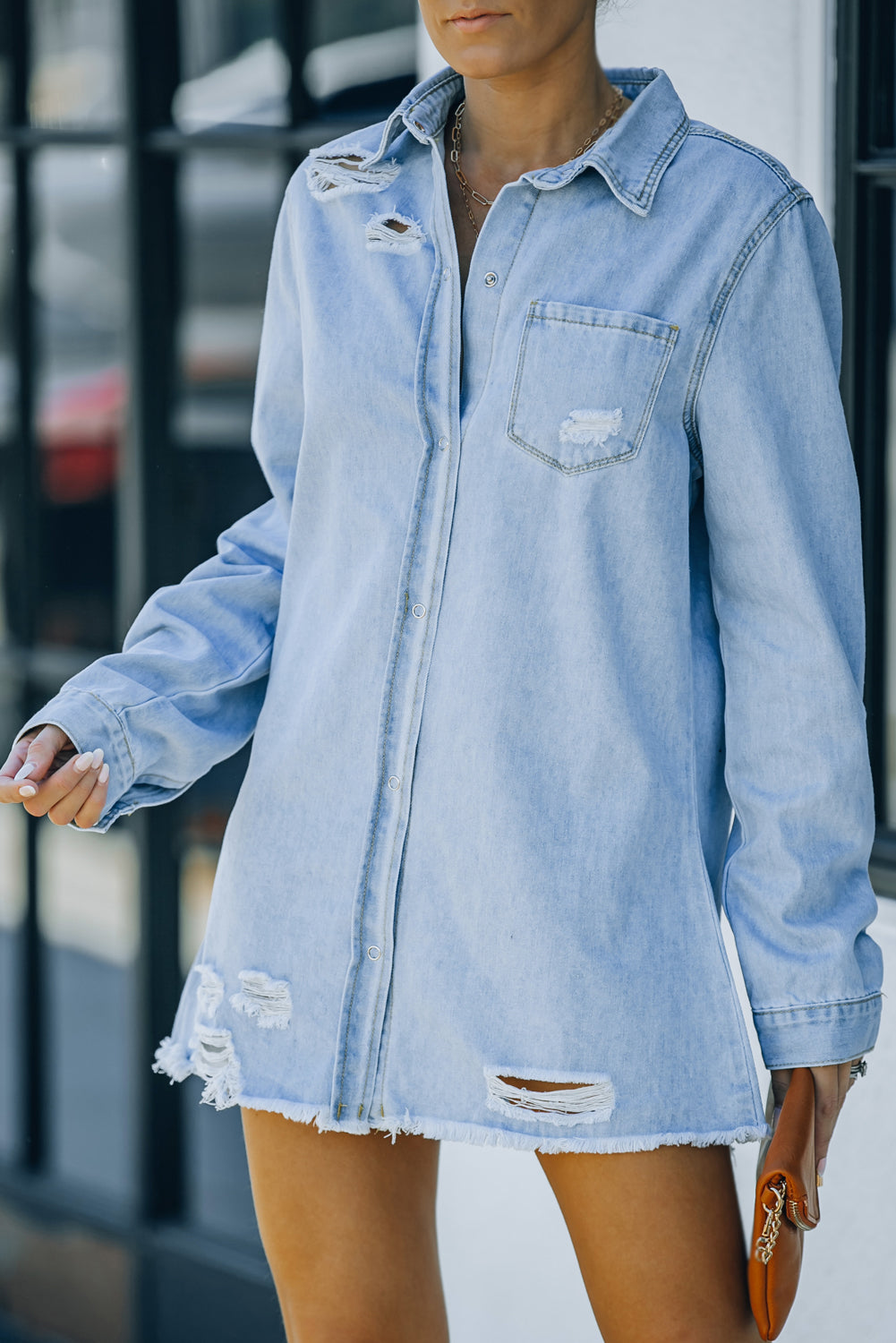 Buy sky-blue Distressed Snap Down Denim Jacket