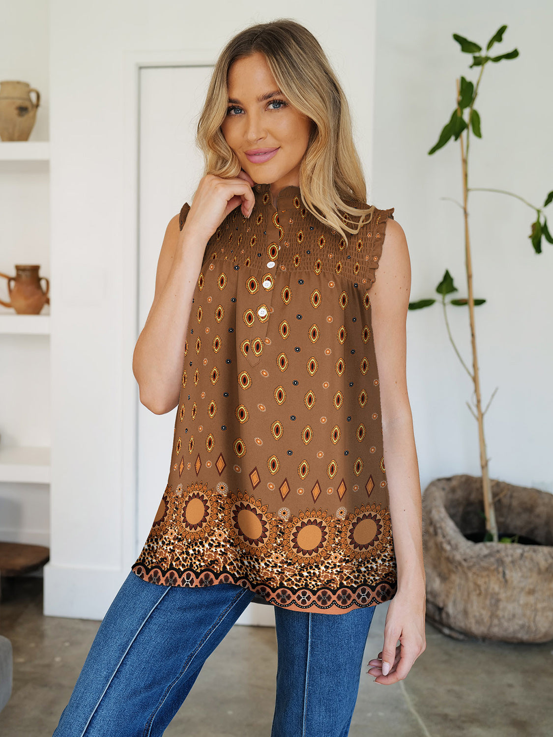 Buy brown FAM-FAM Frill Printed Mock Neck Top