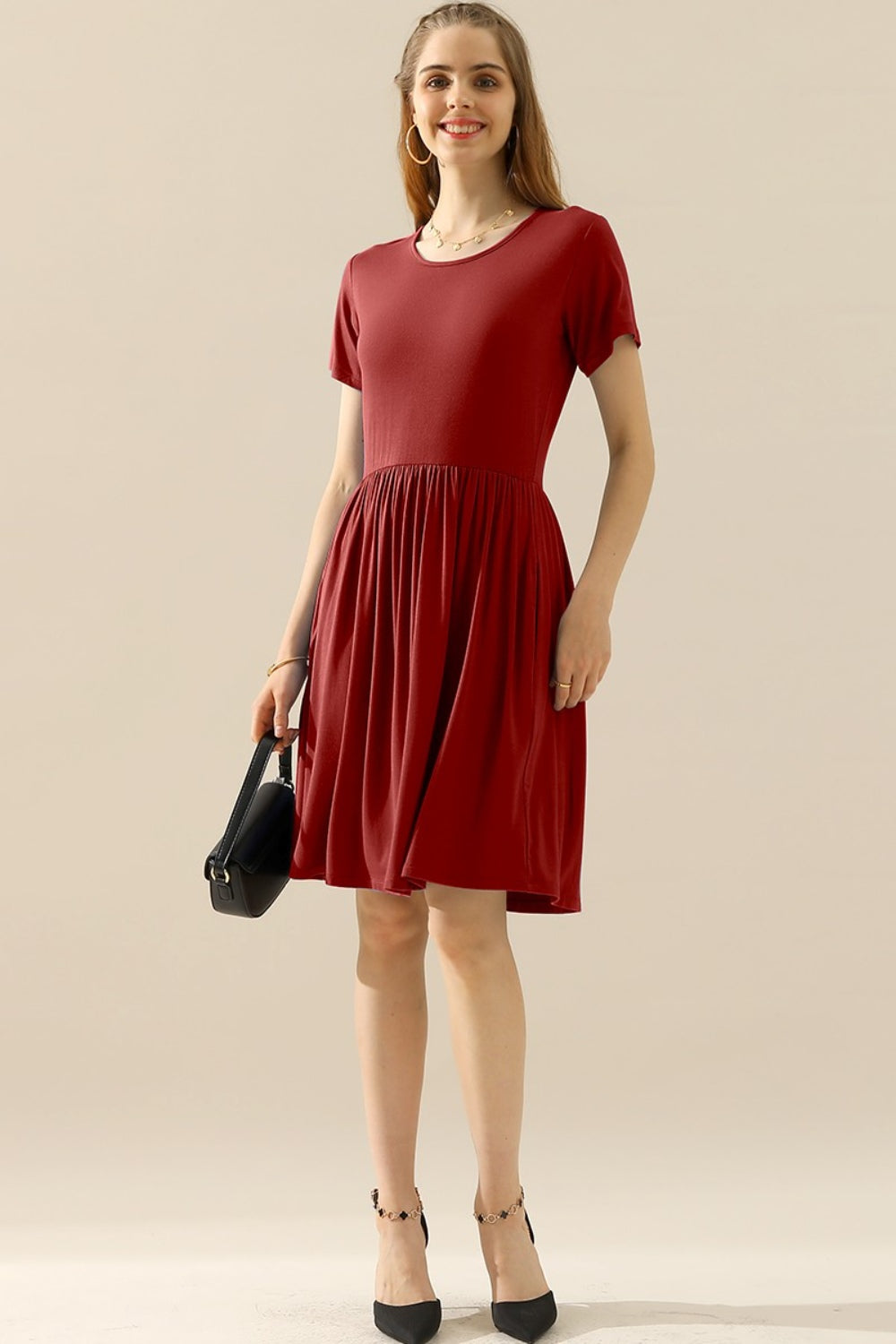 Buy burgundy Ninexis Full Size Round Neck Ruched Dress with Pockets