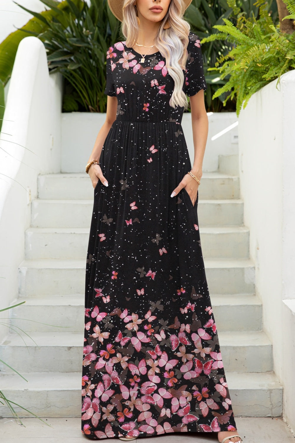 Buy black Printed Round Neck Short Sleeve Maxi Dress