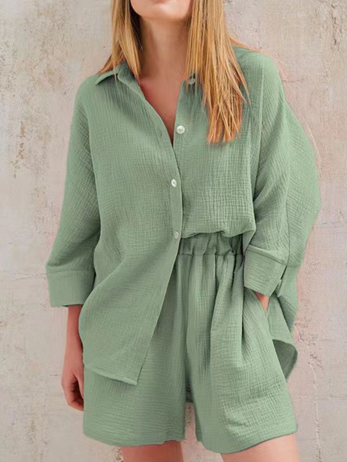 Buy light-green Texture Button Up Shirt and Shorts Set