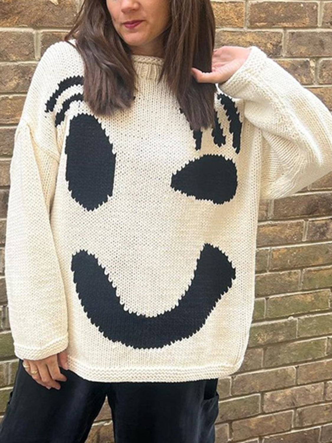 Buy cream Contrast Drop Shoulder Long Sleeve Sweater