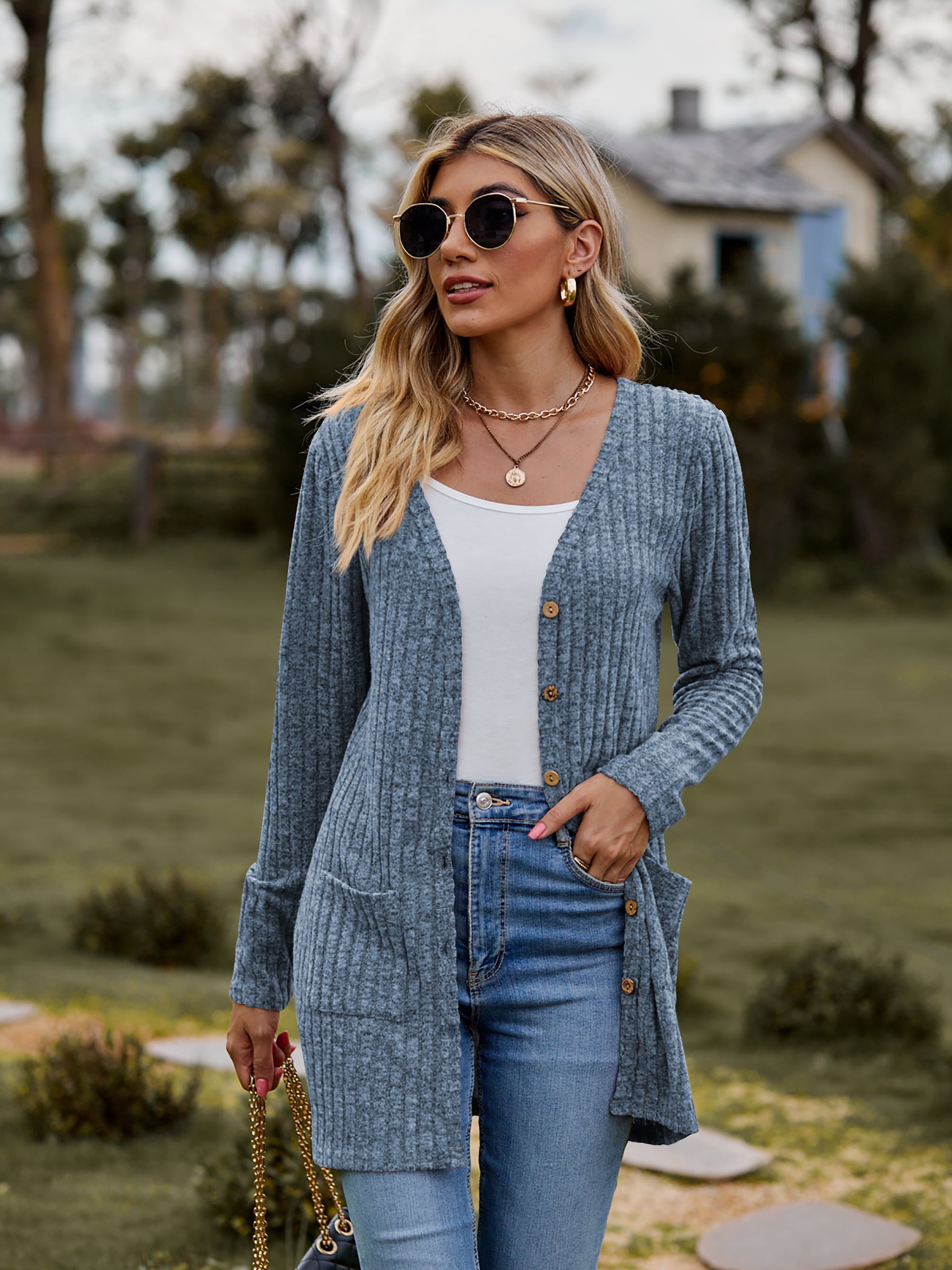 Buy dusty-blue Ribbed Button-Up Cardigan with Pockets