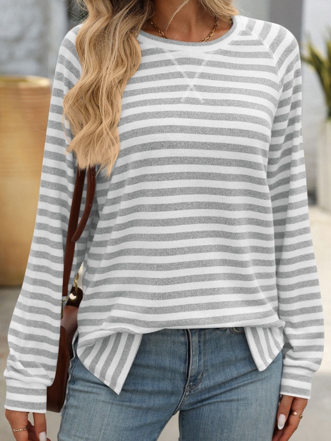 Buy light-gray Mandy Striped Round Neck Long Sleeve T-Shirt