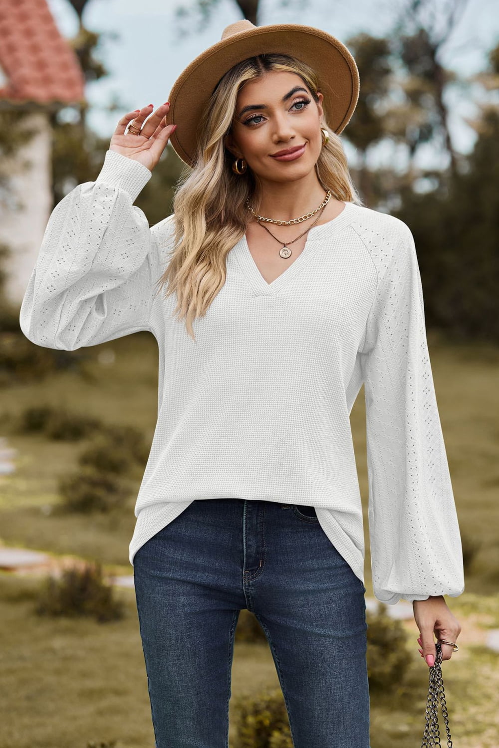 Buy white Notched Neck Raglan Sleeve Blouse