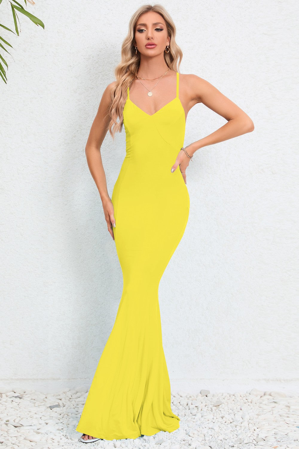 Buy yellow Crisscross Spaghetti Strap Fishtail Dress