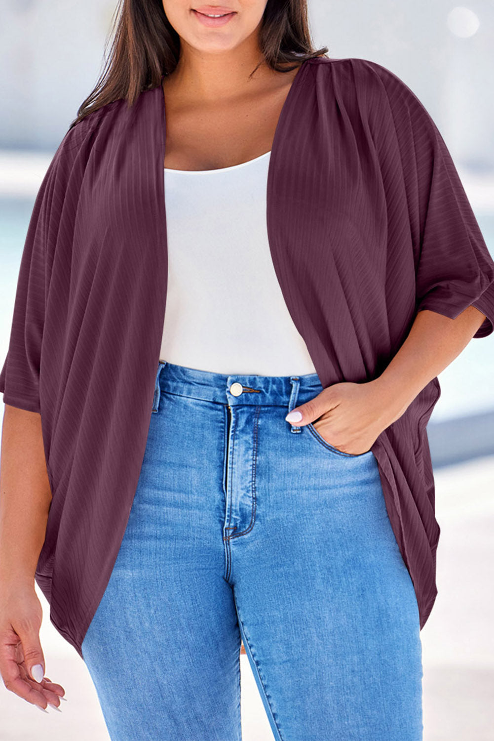 Buy deep-purple Plus Size Ribbed Cocoon Cover Up