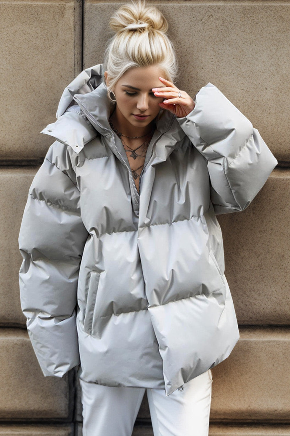 Buy light-gray Pocketed Zip Up Hooded Puffer Jacket