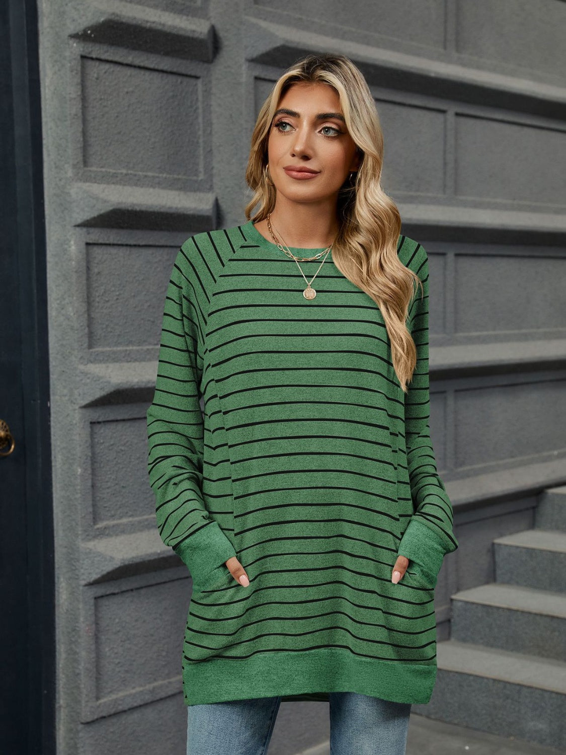 Buy dark-green Pocketed Striped Round Neck Long Sleeve T-Shirt