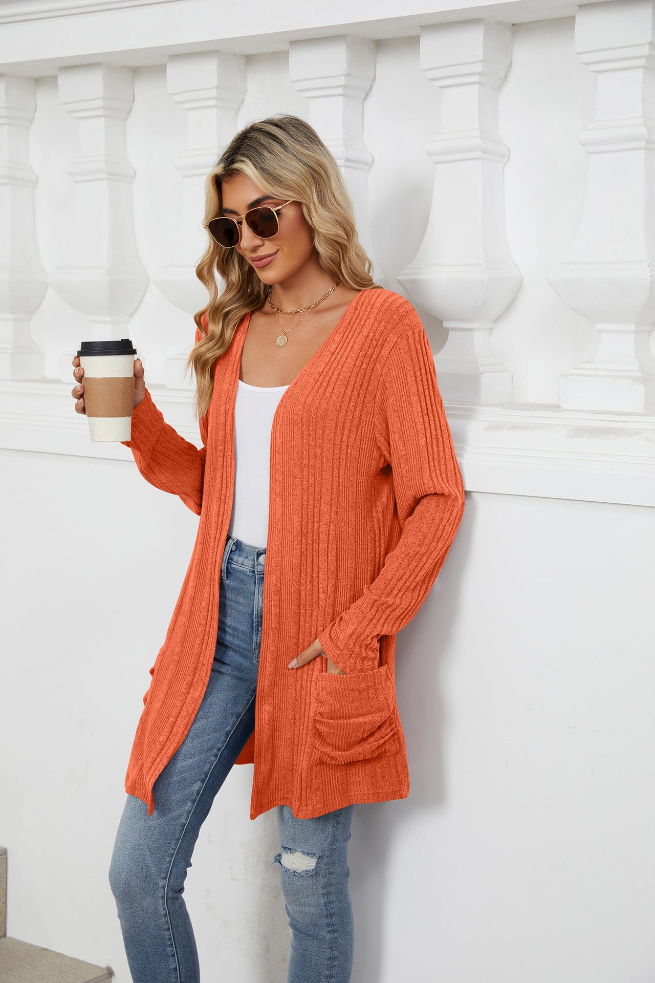 Buy orange Pocketed Open Front Long Sleeve Cardigan