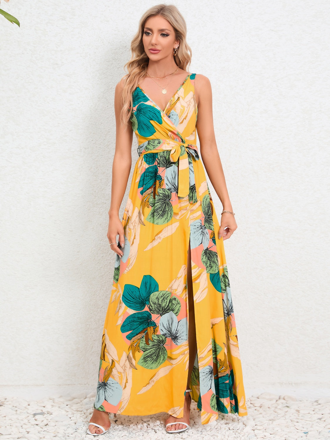 Buy gold Slit Tied Printed Surplice Dress