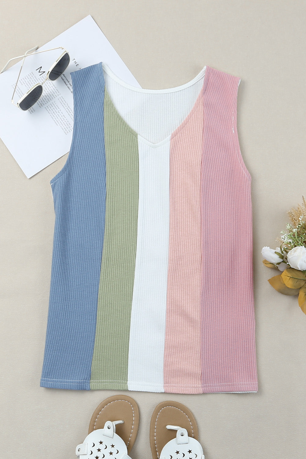 Buy pink-sky-blue Multicolored Striped Waffle-Knit Sleeveless Tank