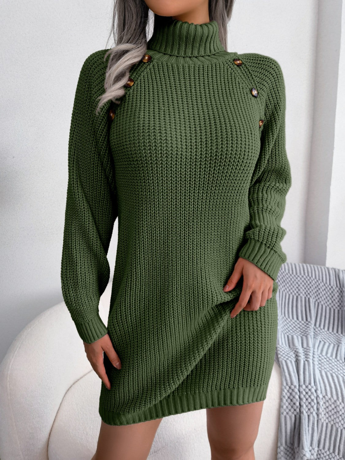 Buy dark-green Decorative Button Turtleneck Sweater Dress