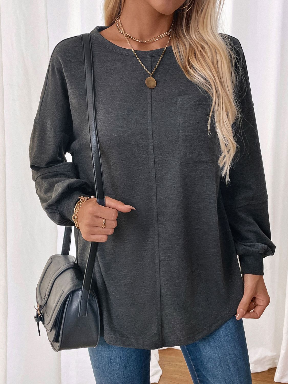 Perfee Pocketed Round Neck Long Sleeve Sweatshirt