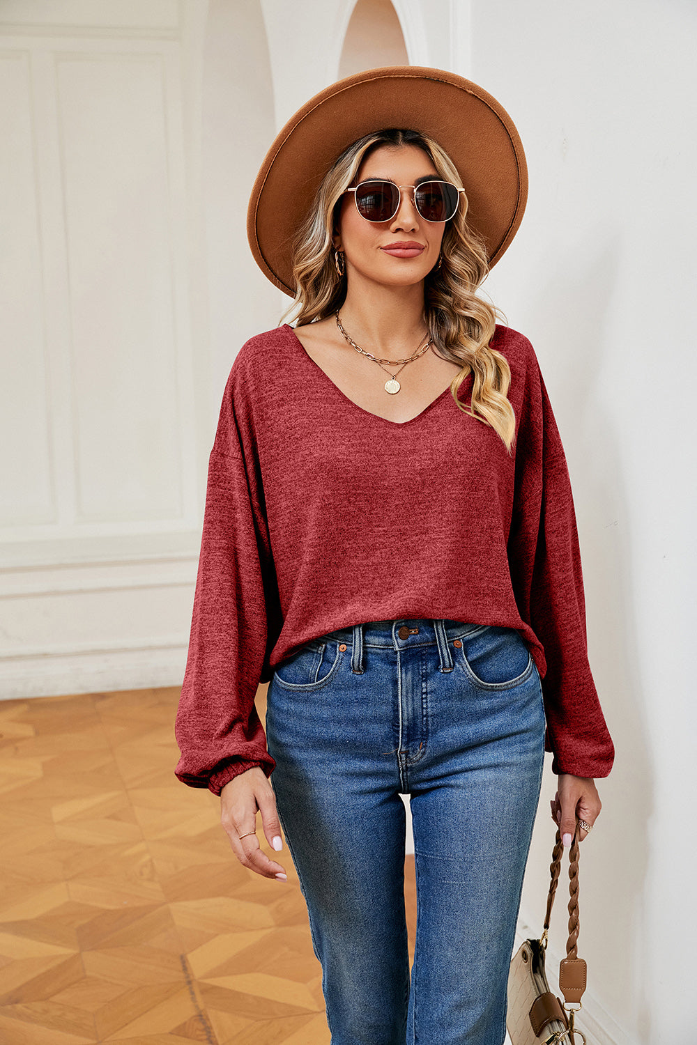 Buy red-orange V-Neck Long Sleeve Top