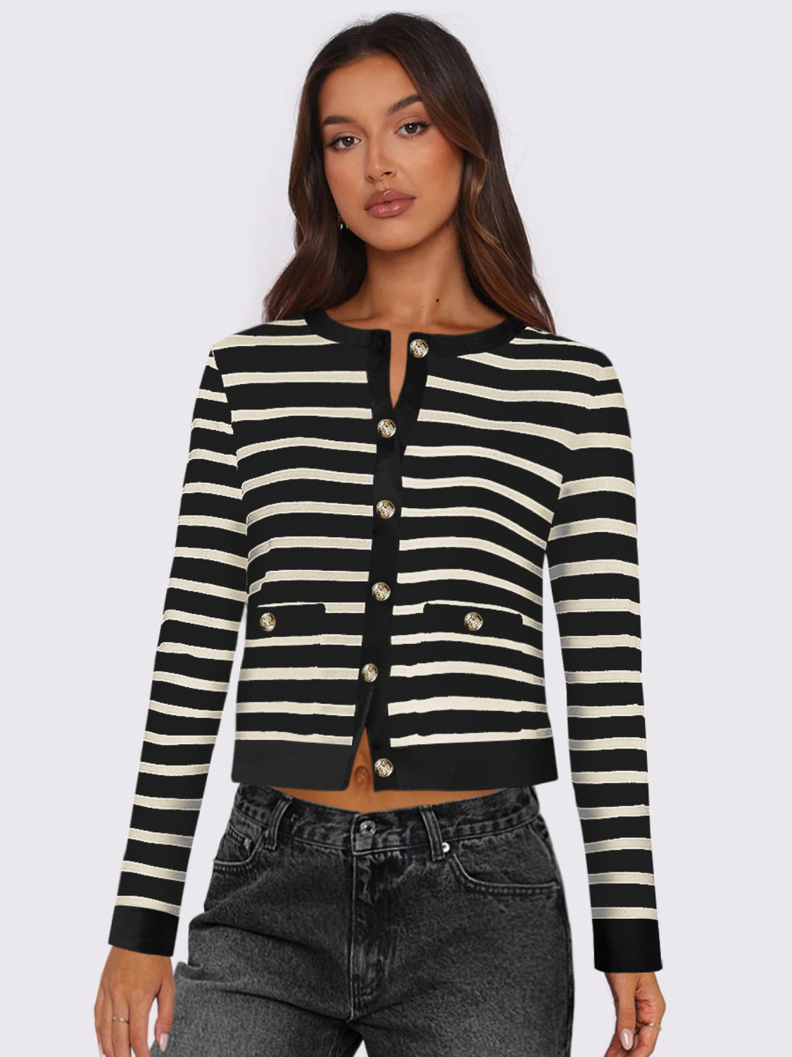 Buy black Striped Round Neck Button Up Long Sleeve Cardigan