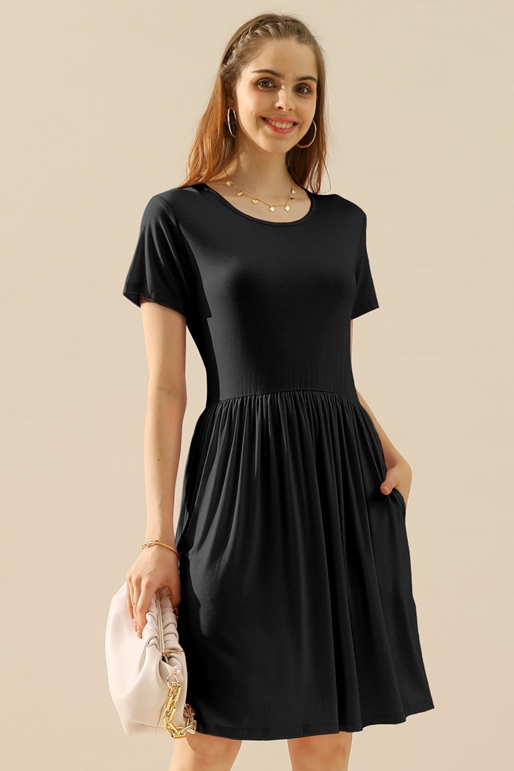 Buy black Ninexis Full Size Round Neck Ruched Dress with Pockets