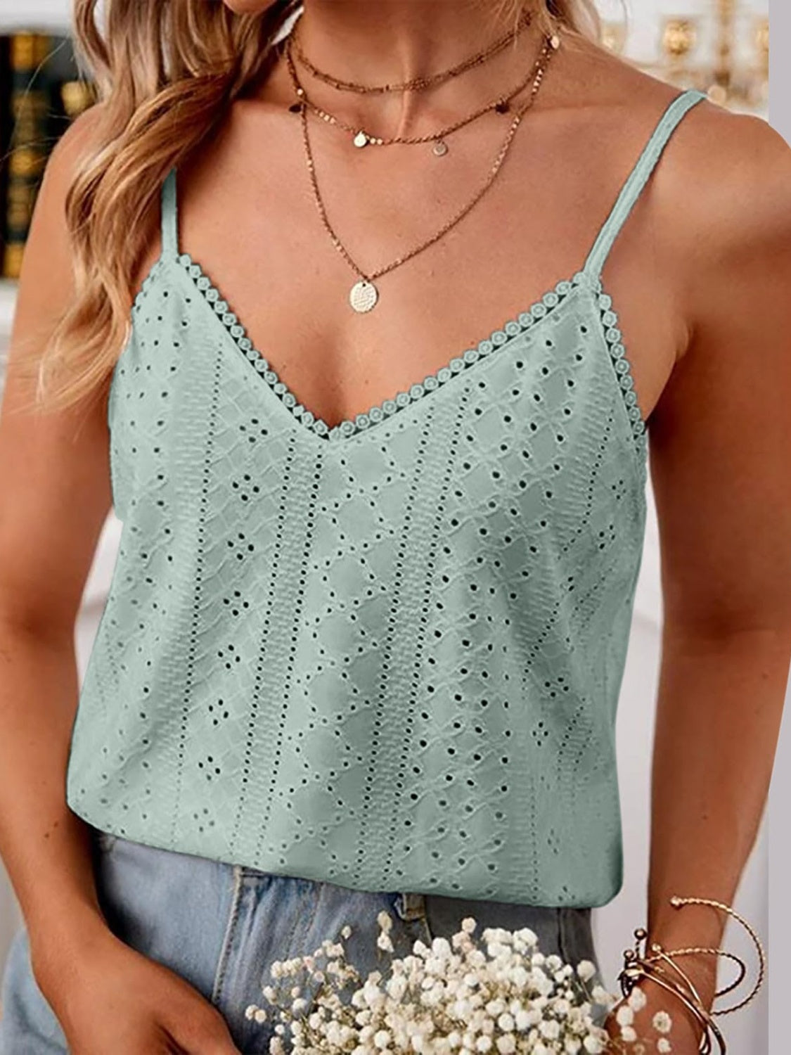 Buy air-force-blue Eyelet Lace Detail V-Neck Cami