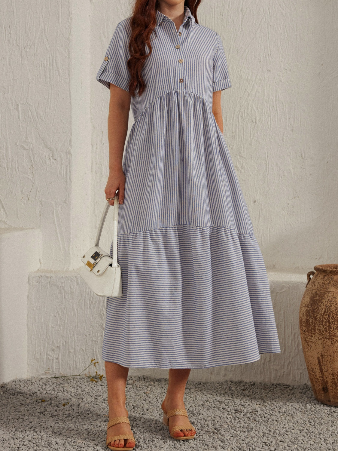 Buy gray Striped Collared Neck Short Sleeve Dress