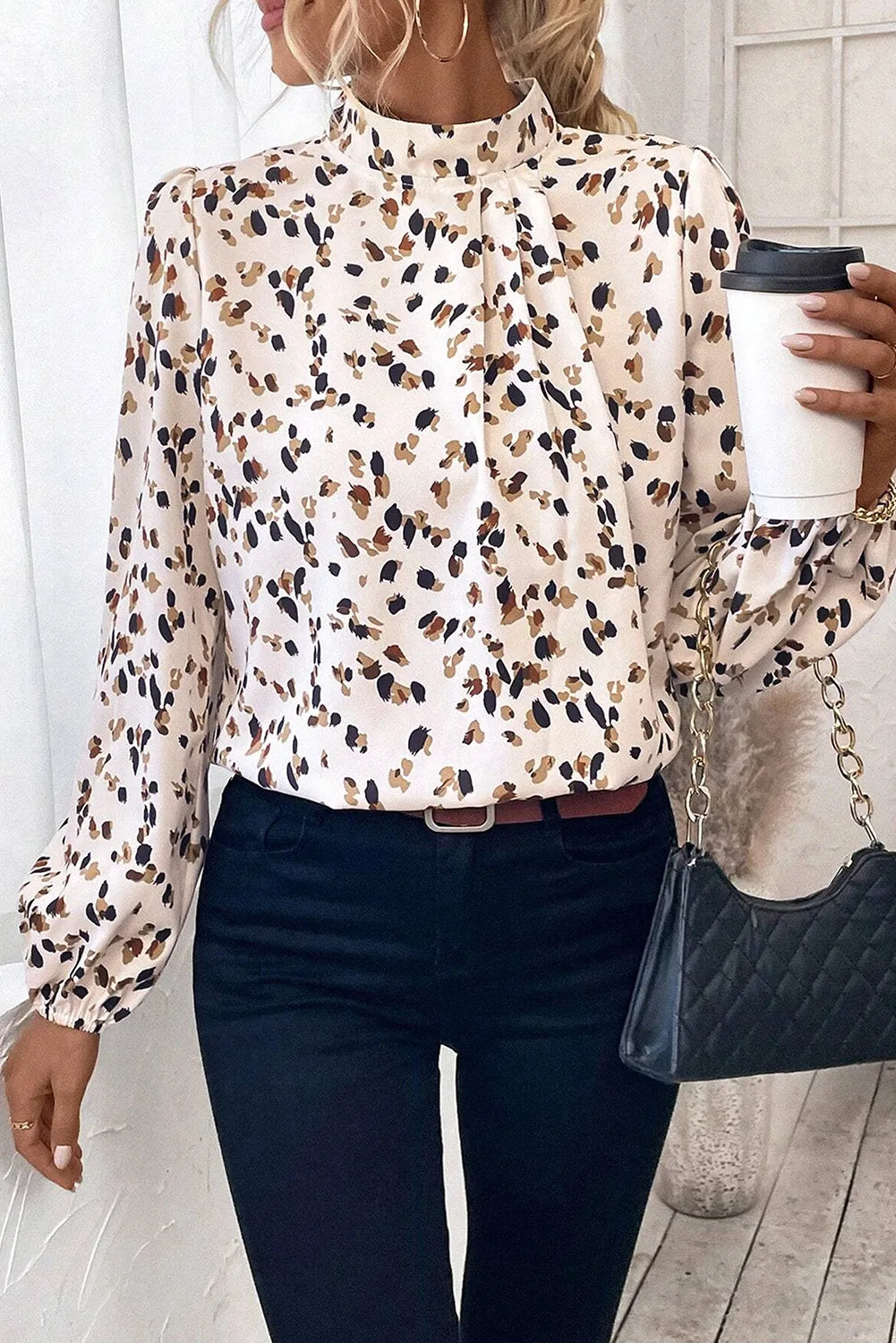 Printed Mock Neck Long Sleeve Blouse