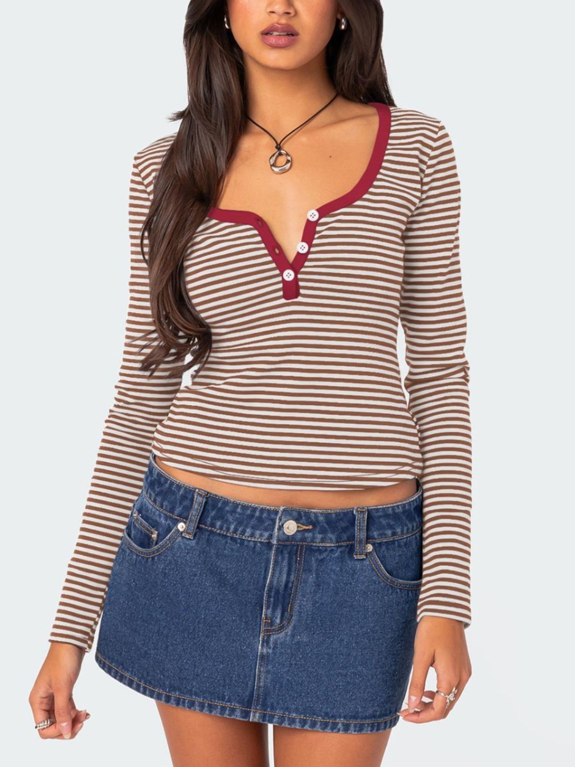 Buy deep-red Buttoned Striped Long Sleeve T-Shirt