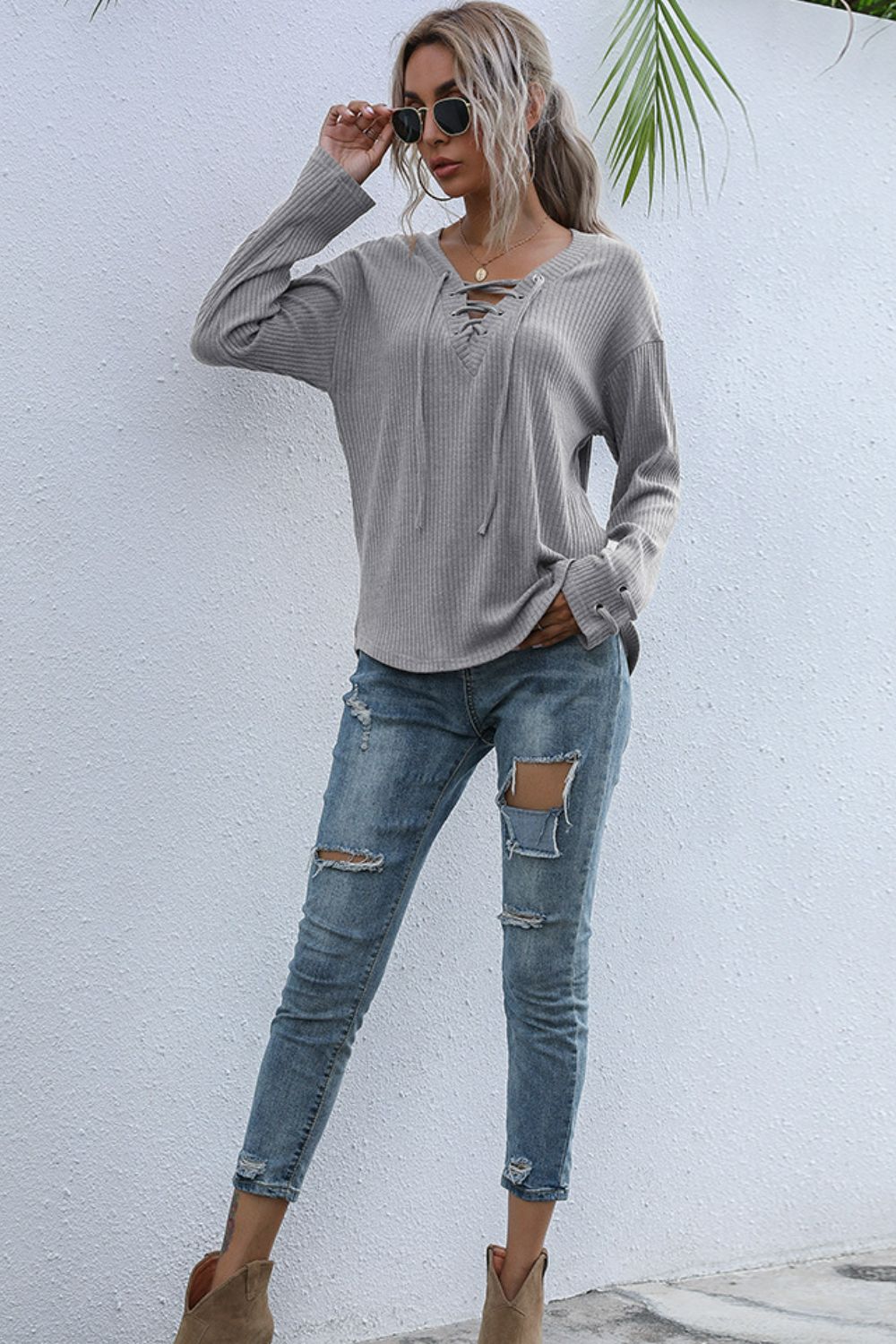 Perfee Lace-Up V-Neck Ribbed Top