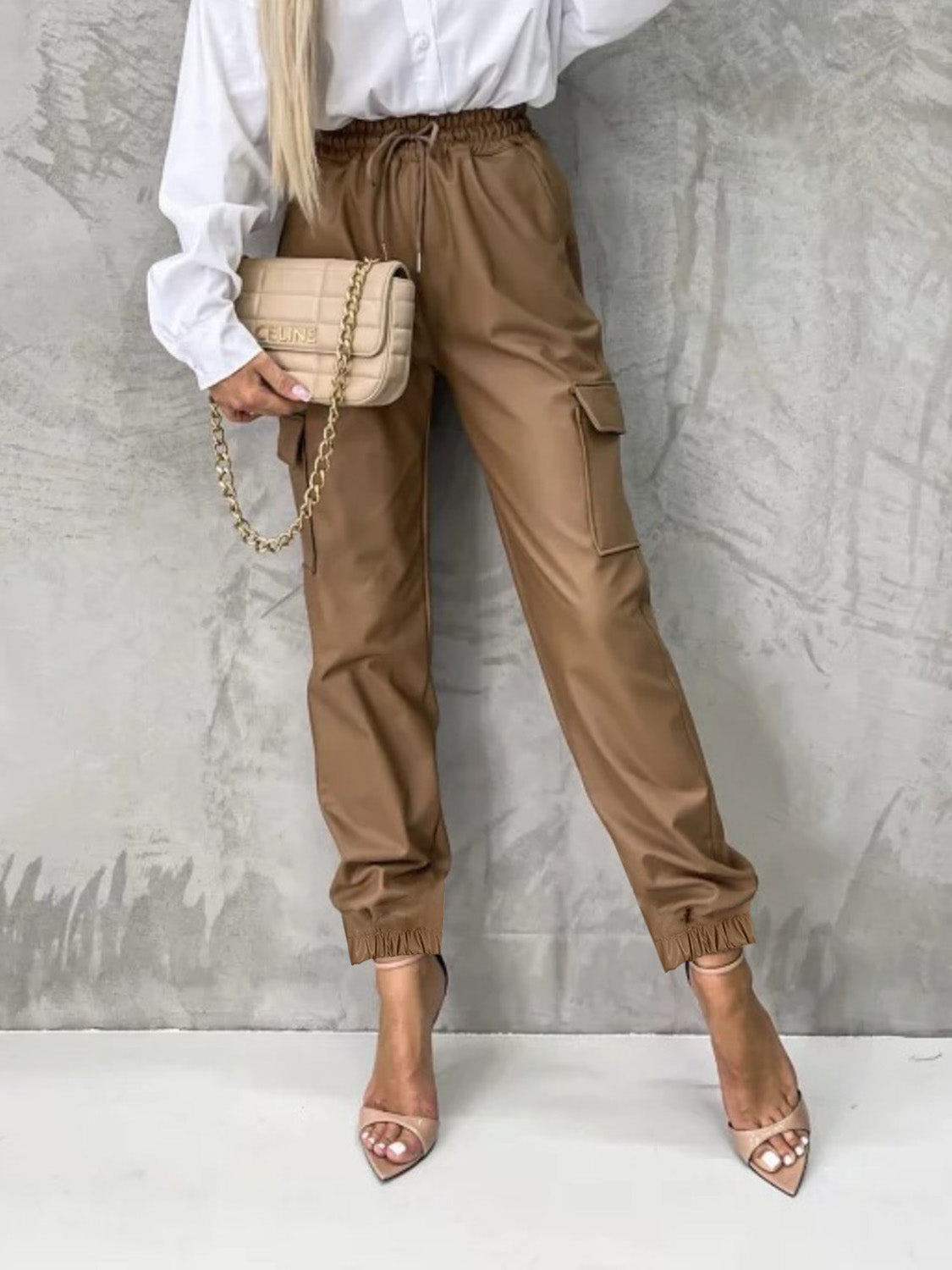 Buy caramel Tied High Waist Pants with Pockets