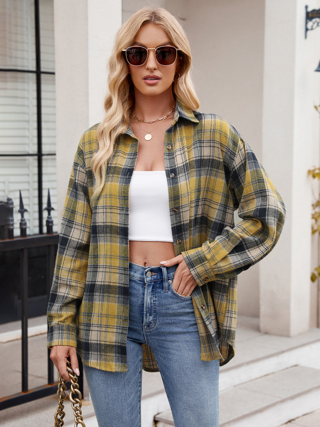 Buy mustard Mandy Pocketed Plaid Collared Neck Long Sleeve Shirt