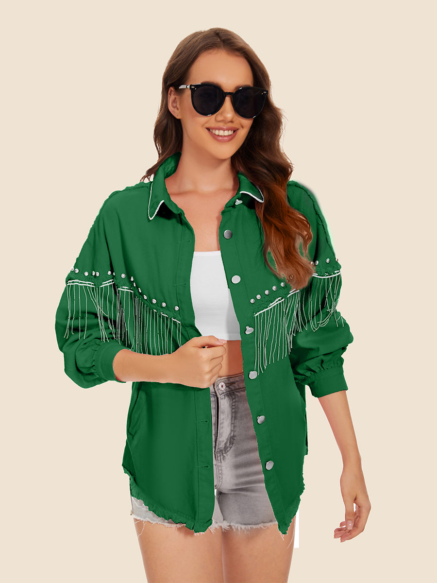 Buy dark-green Raw Hem Fringe Detail Denim Jacket