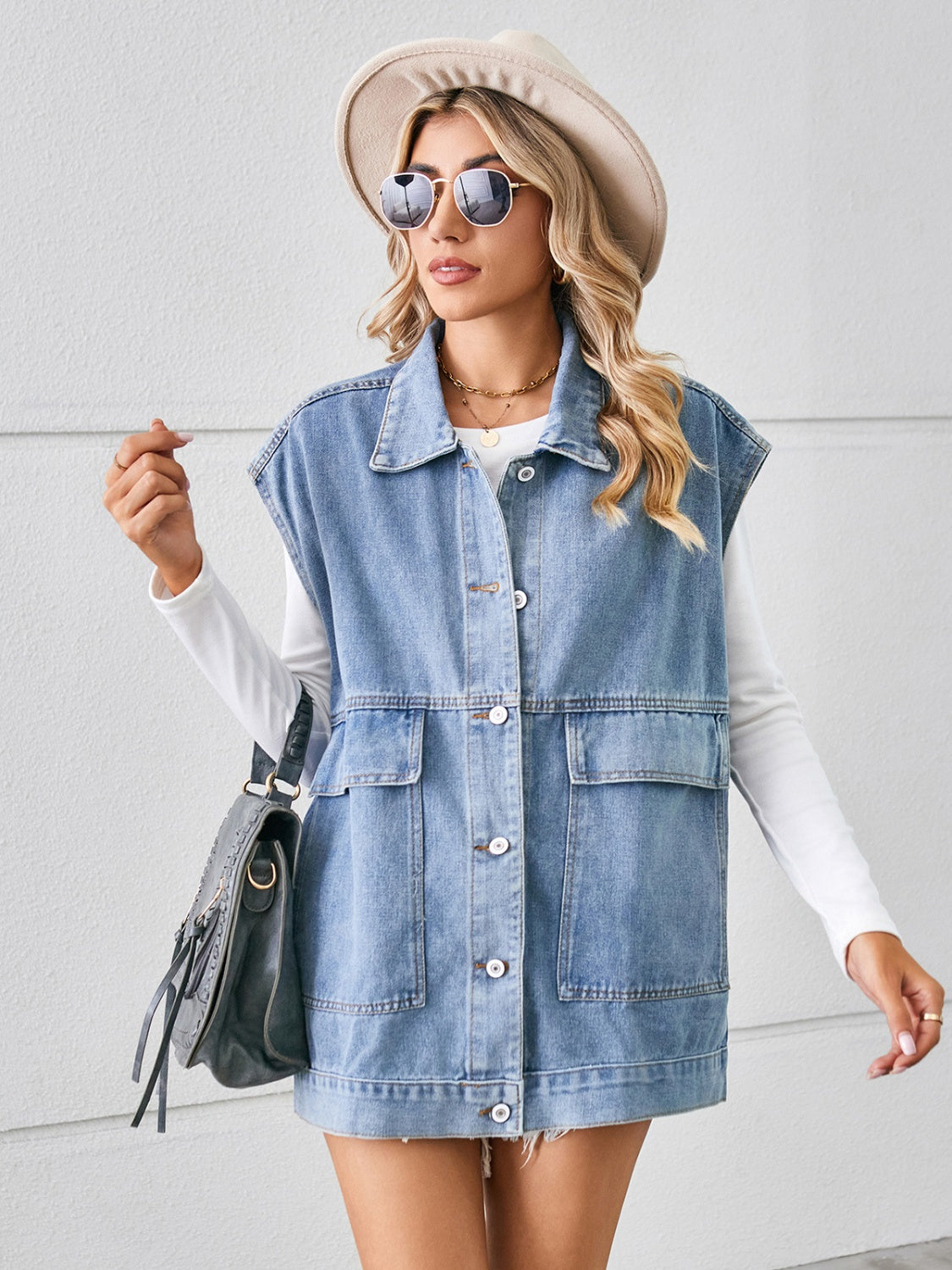 Buy light-blue Pocketed Button Up Sleeveless Denim Jacket