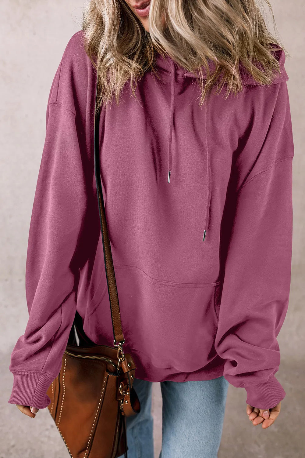 Buy moonlit-mauve Drawstring Dropped Shoulder Long Sleeve Hoodie