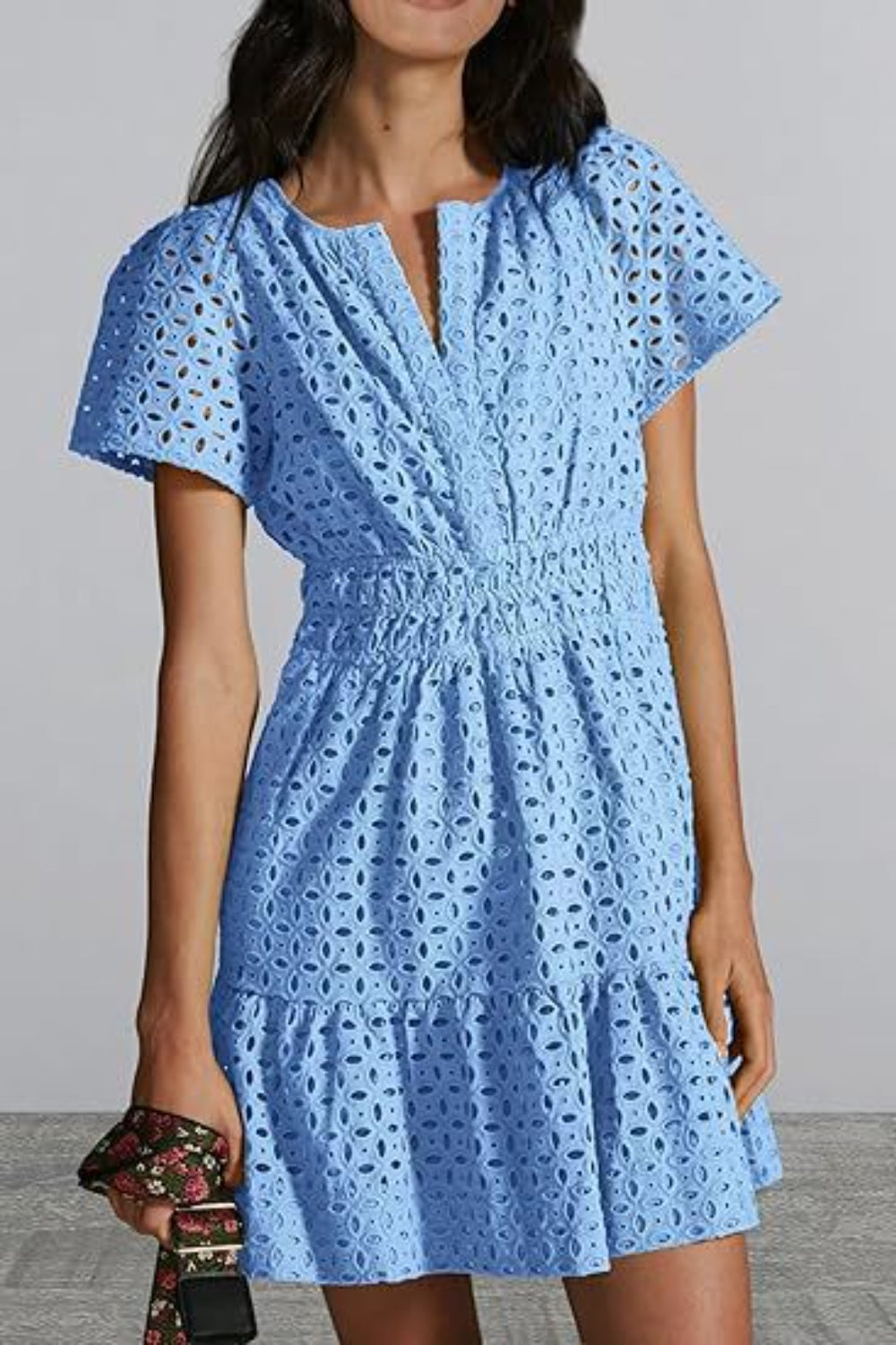 Buy blue Eyelet Notched Short Sleeve Mini Dress