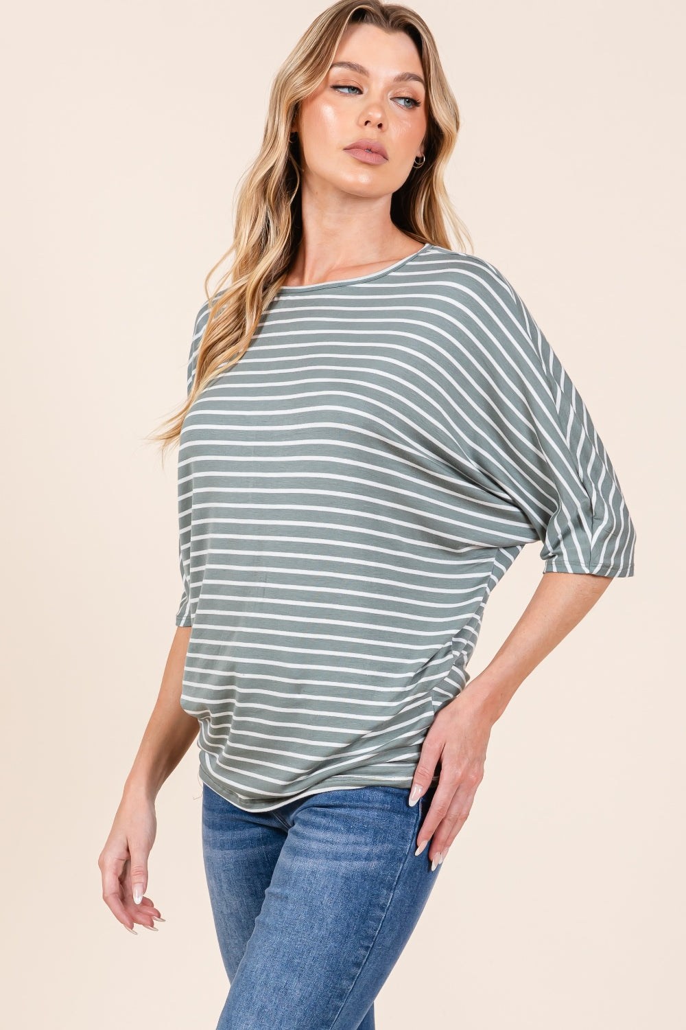 BOMBOM Striped Boat Neck Dolman Sleeve Top