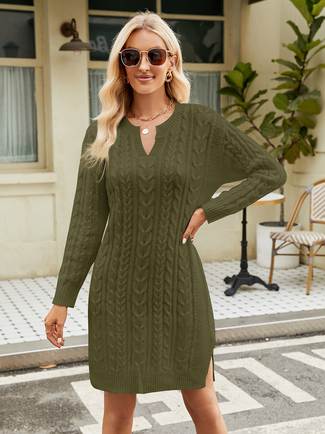 Buy matcha-green Notched Neck Cable-Knit Slit Sweater Dress