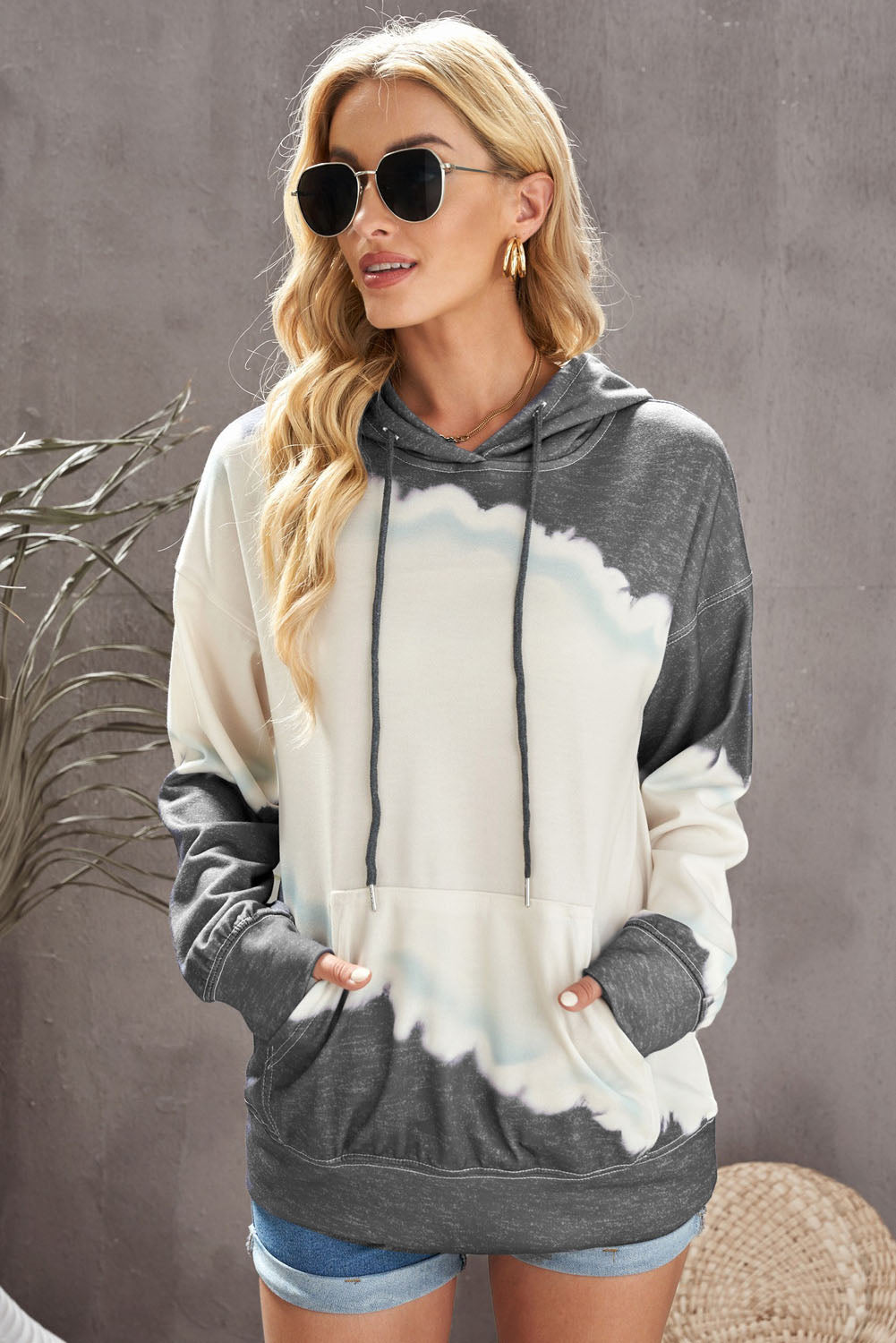 Buy gray-white Tie-Dye Color Block Drawstring Hoodie