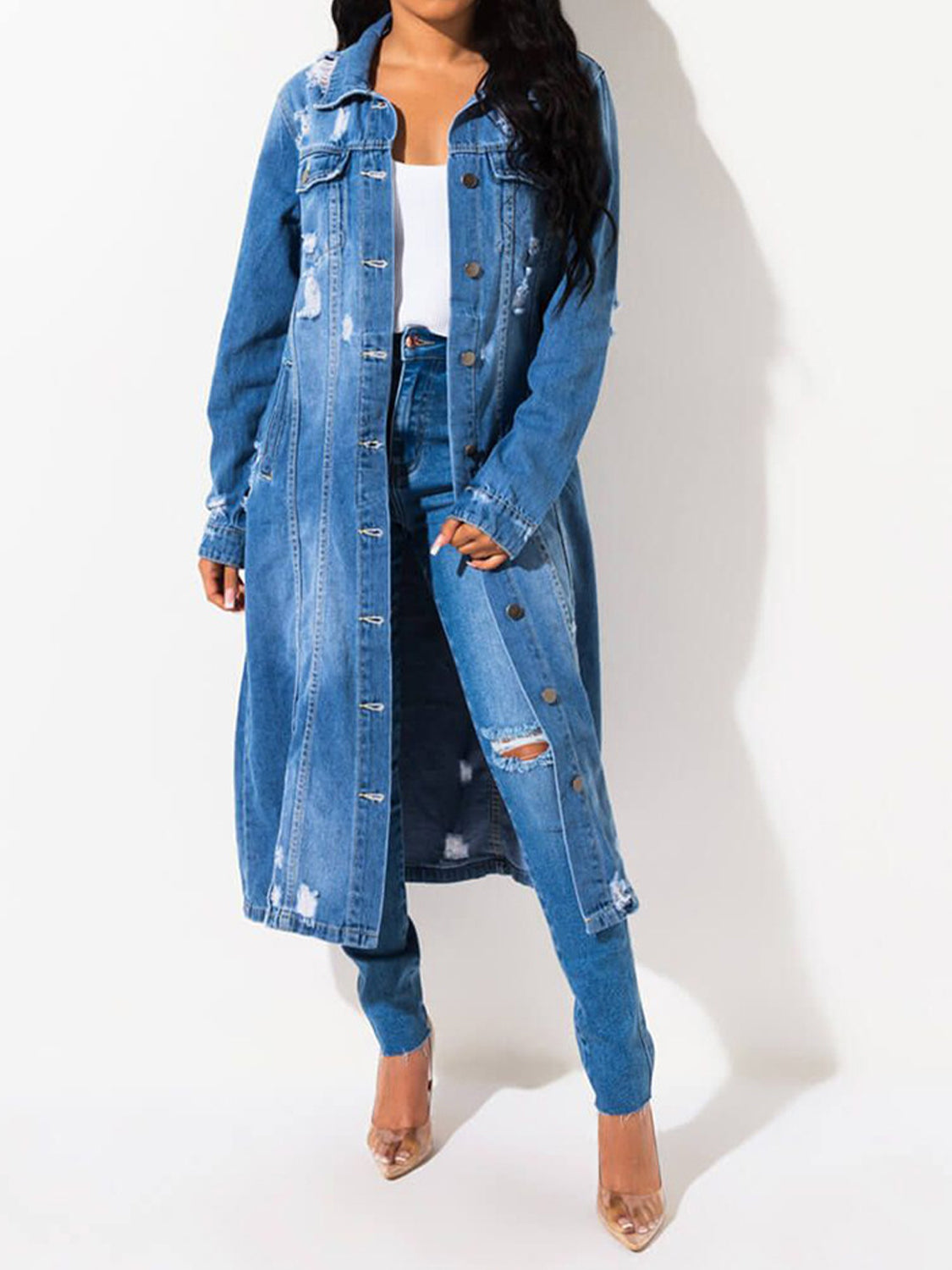 Buy medium Long Sleeve Raw Hem Denim Jacket