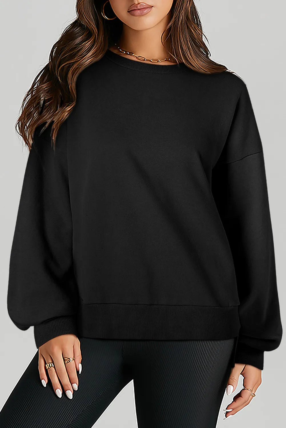 Buy black High-Low Round Neck Long Sleeve Sweatshirt