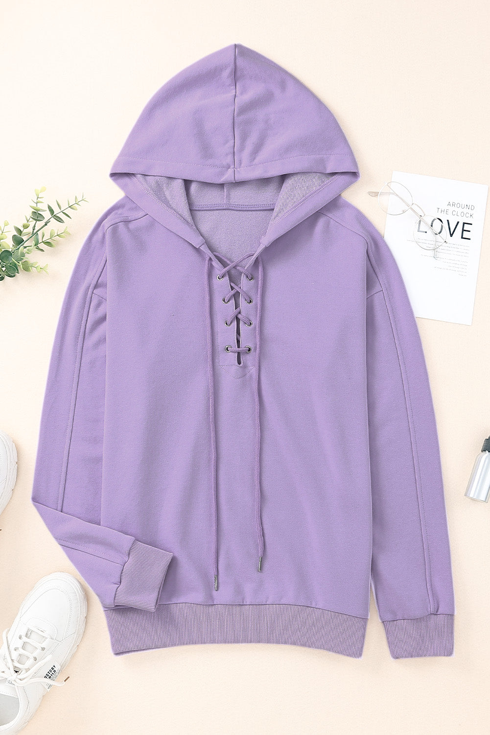 Buy lavender Lace-Up Dropped Shoulder Hoodie