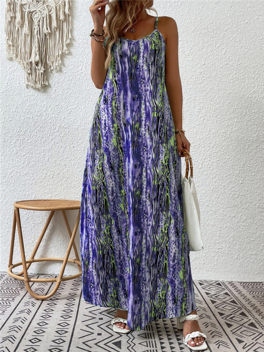 Buy electric-purple Full Size Printed Scoop Neck Maxi Cami Dress