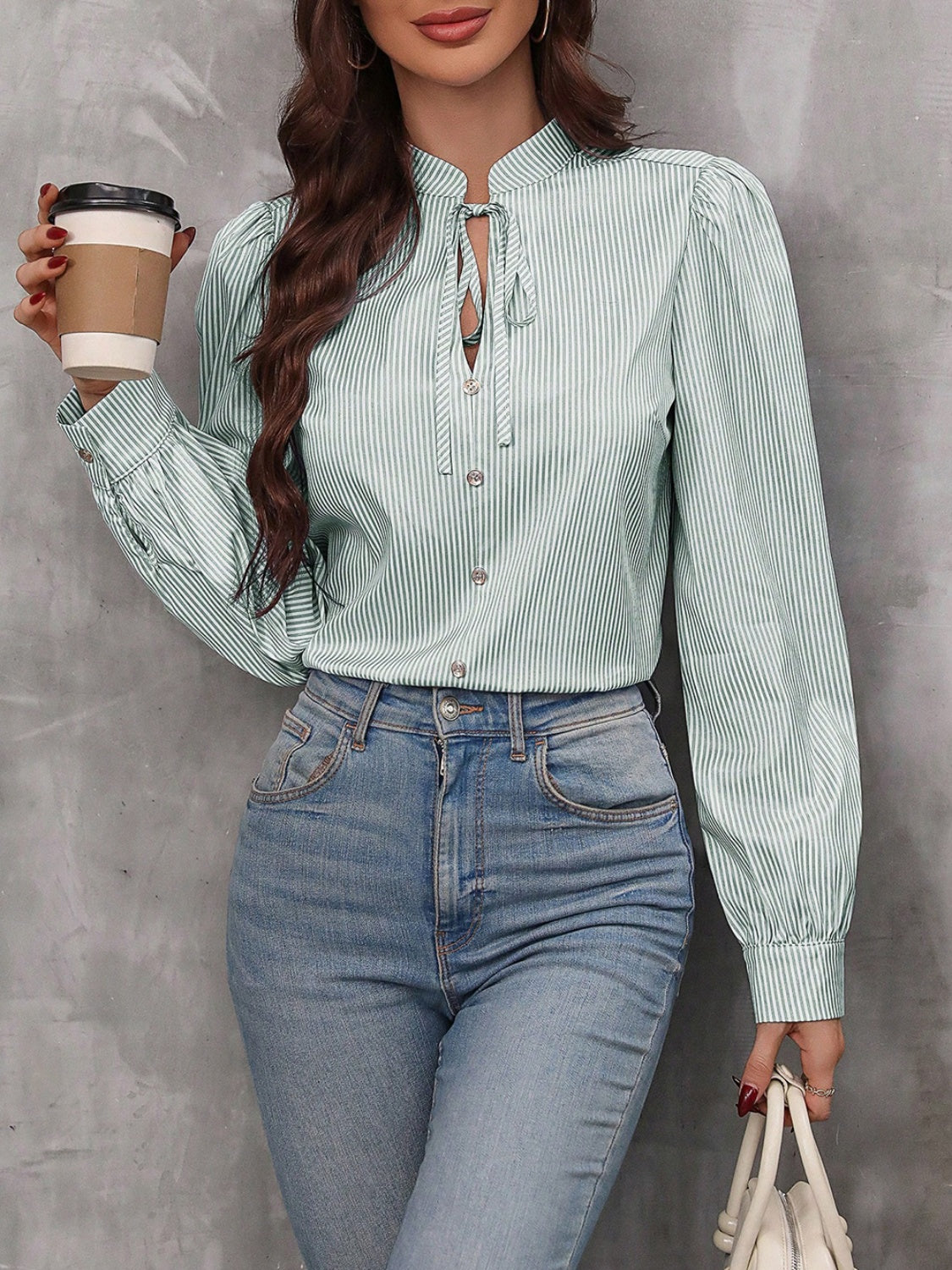 Buy light-green Striped Tie Neck Long Sleeve Blouse