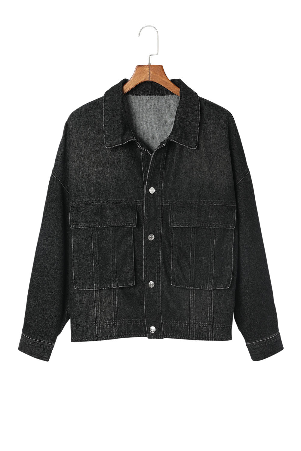 Buy black Button Up Dropped Shoulder Denim Jacket with Pockets