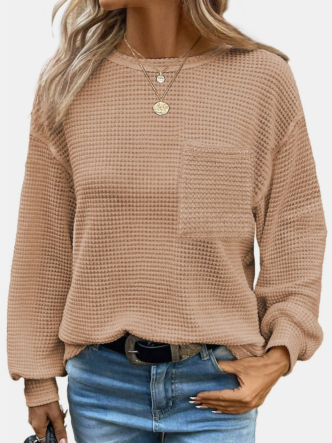 Buy camel Mandy Round Neck Long Sleeve T-Shirt